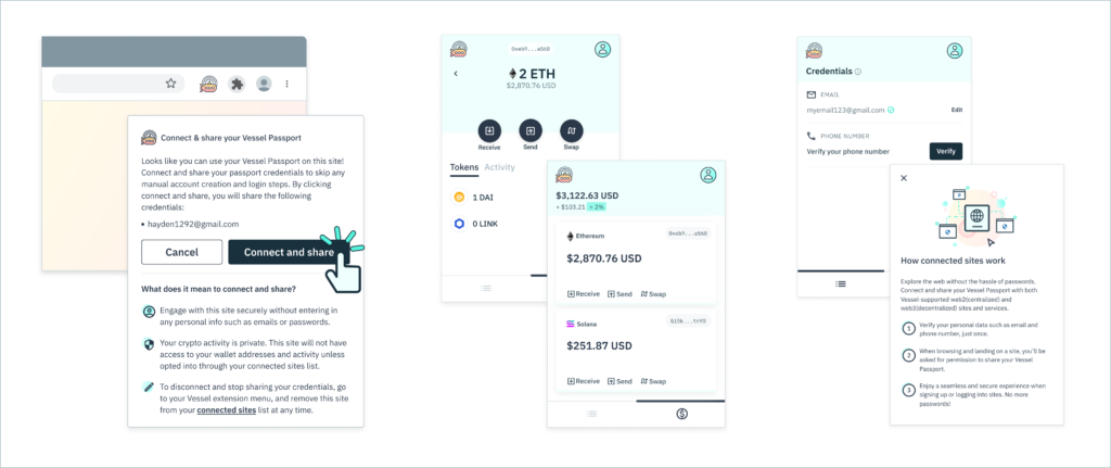 Original Vessel sign-in, wallet and credentials screens