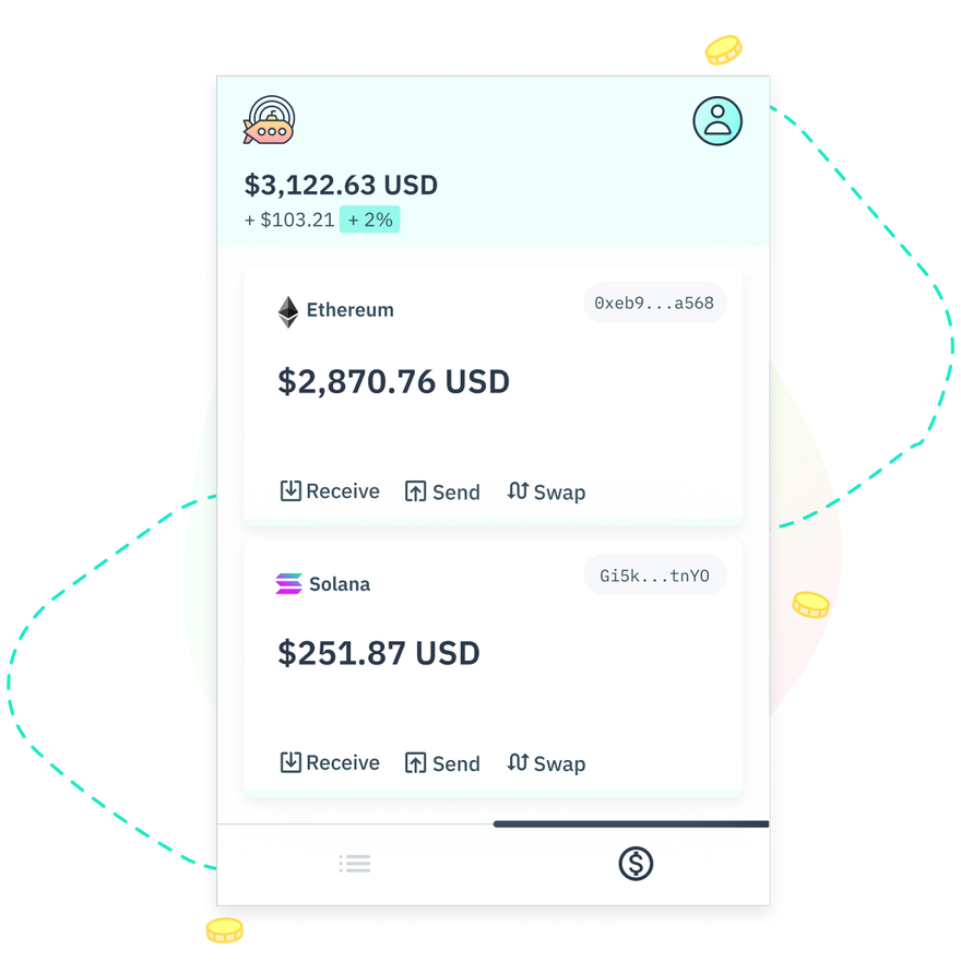Vessel wallet with Ethereum and Solana balances